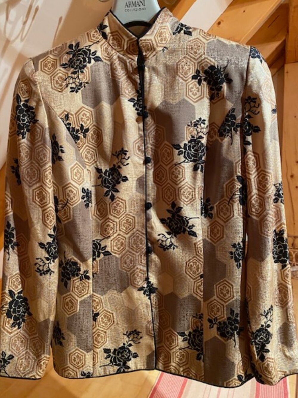 VTG Adrianna Papell Safe Silk Metallic gold woven honeycomb black rose vine SZ8